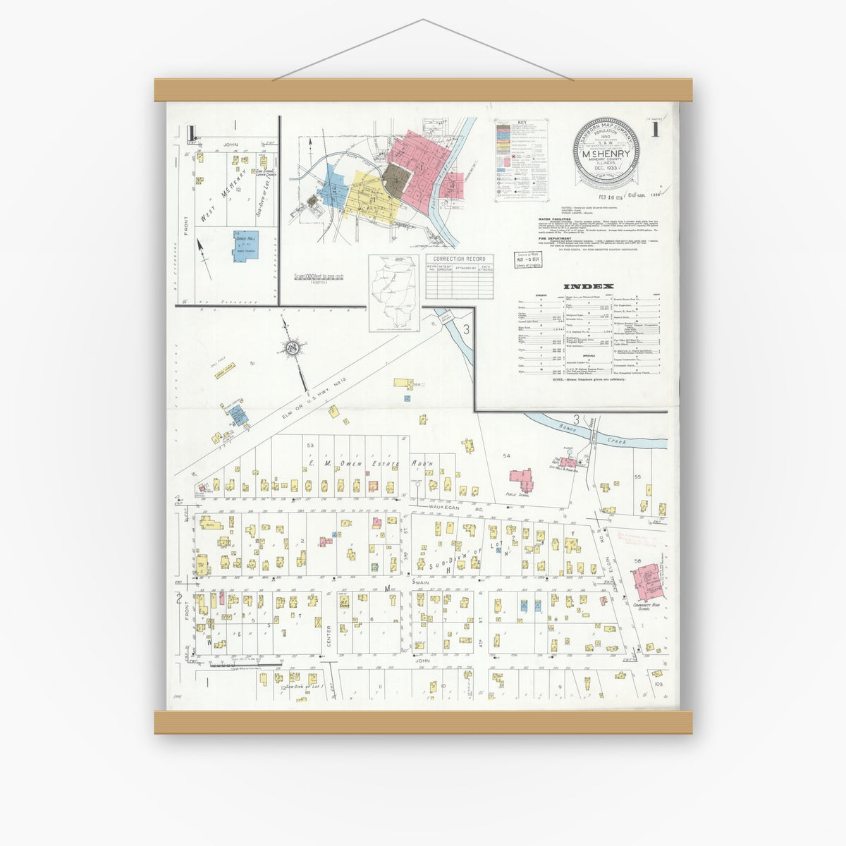 Old map wall art mockup — magnetic wood frame on white wall — Sanborn Fire Insurance Map from McHenry, McHenry County, Illinois (1933), Sheet #0001