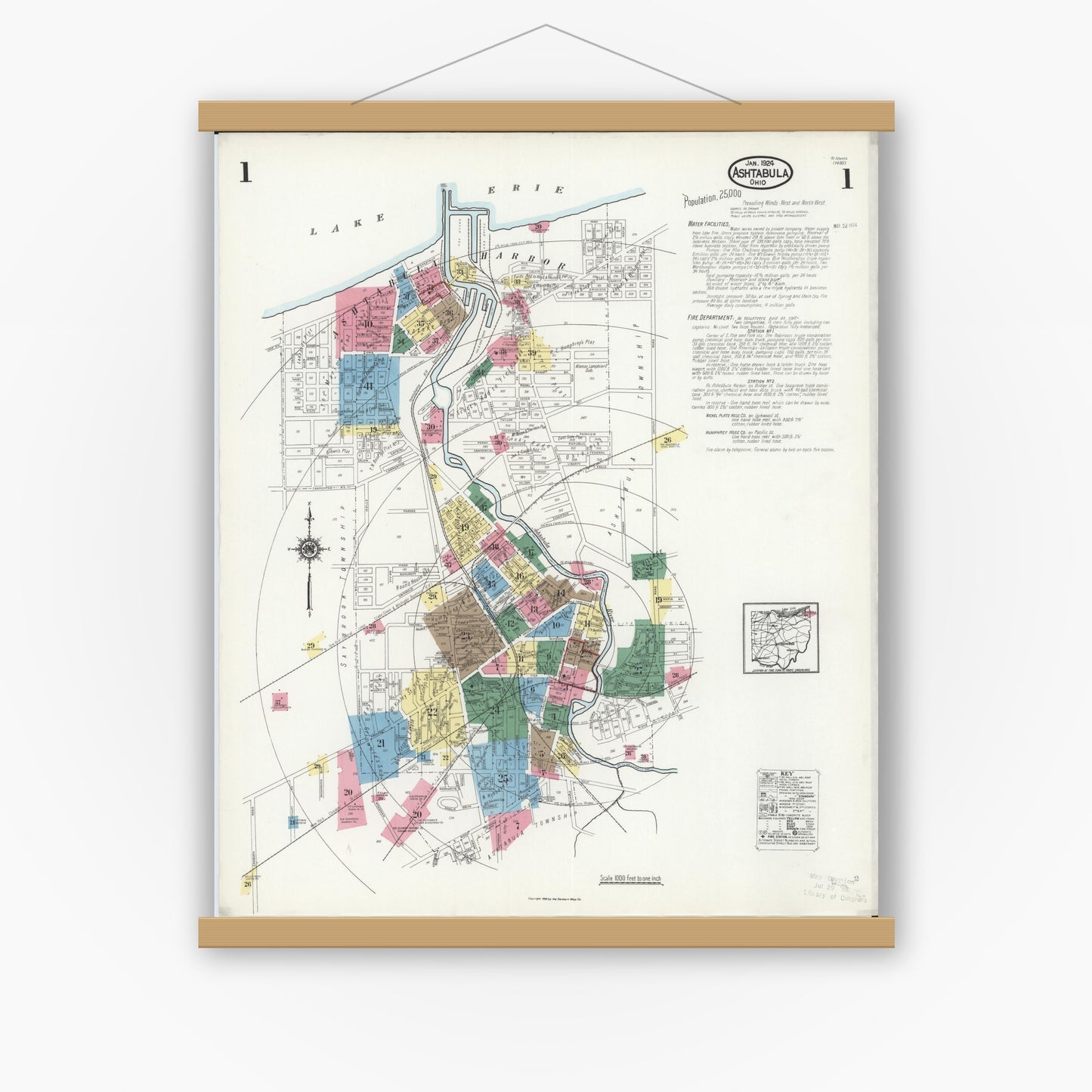 Old map wall art mockup — magnetic wood frame on white wall — Sanborn Fire Insurance Map from Ashtabula, Ashtabula County, Ohio (1924) - Complete Map Set