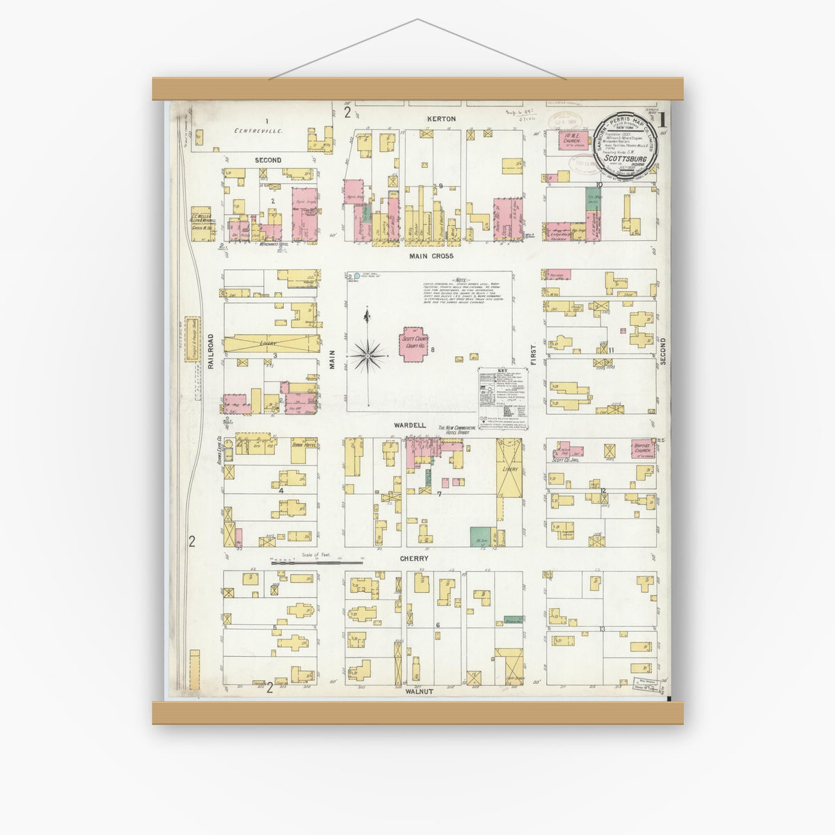 Old map wall art mockup — magnetic wood frame on white wall — Sanborn Fire Insurance Map from Scottsburg, Scott County, Indiana (1899), Sheet #0001