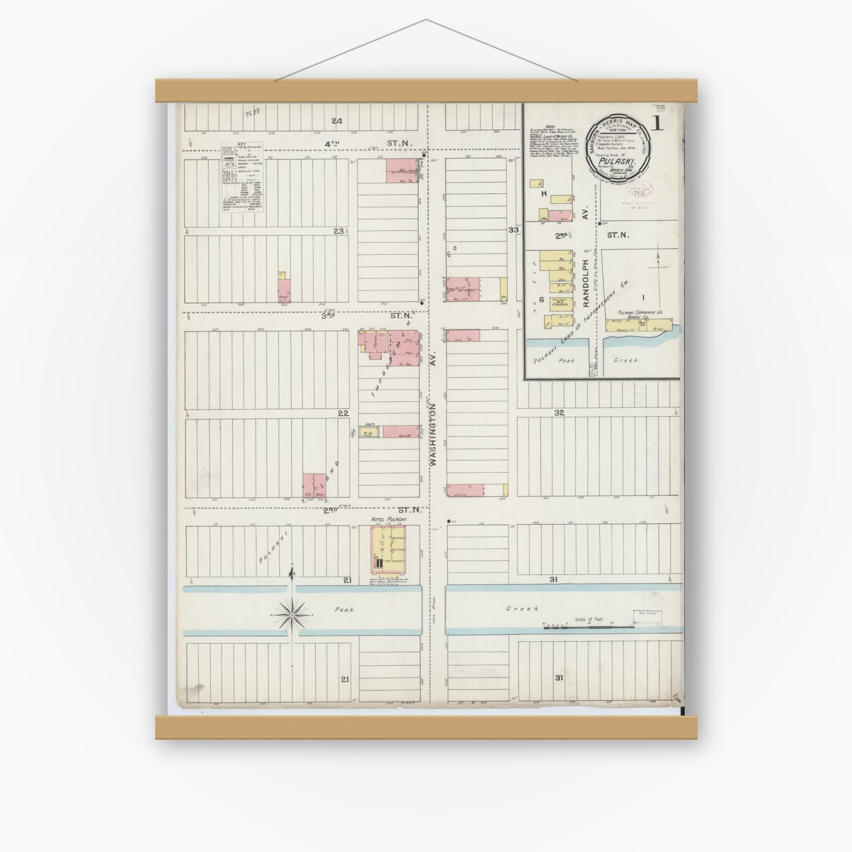 Old map wall art mockup — magnetic wood frame on white wall — Sanborn Fire Insurance Map from Pulaski, Pulaski County, Virginia (1894) - Complete Map Set