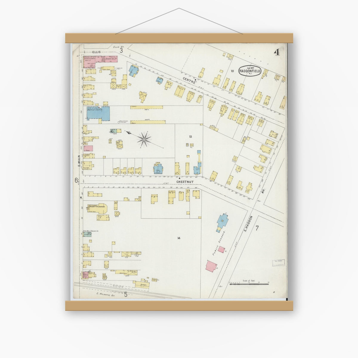 Old map wall art mockup — magnetic wood frame on white wall — Sanborn Fire Insurance Map from Haddonfield, Camden County, New Jersey (1897), Sheet #0004