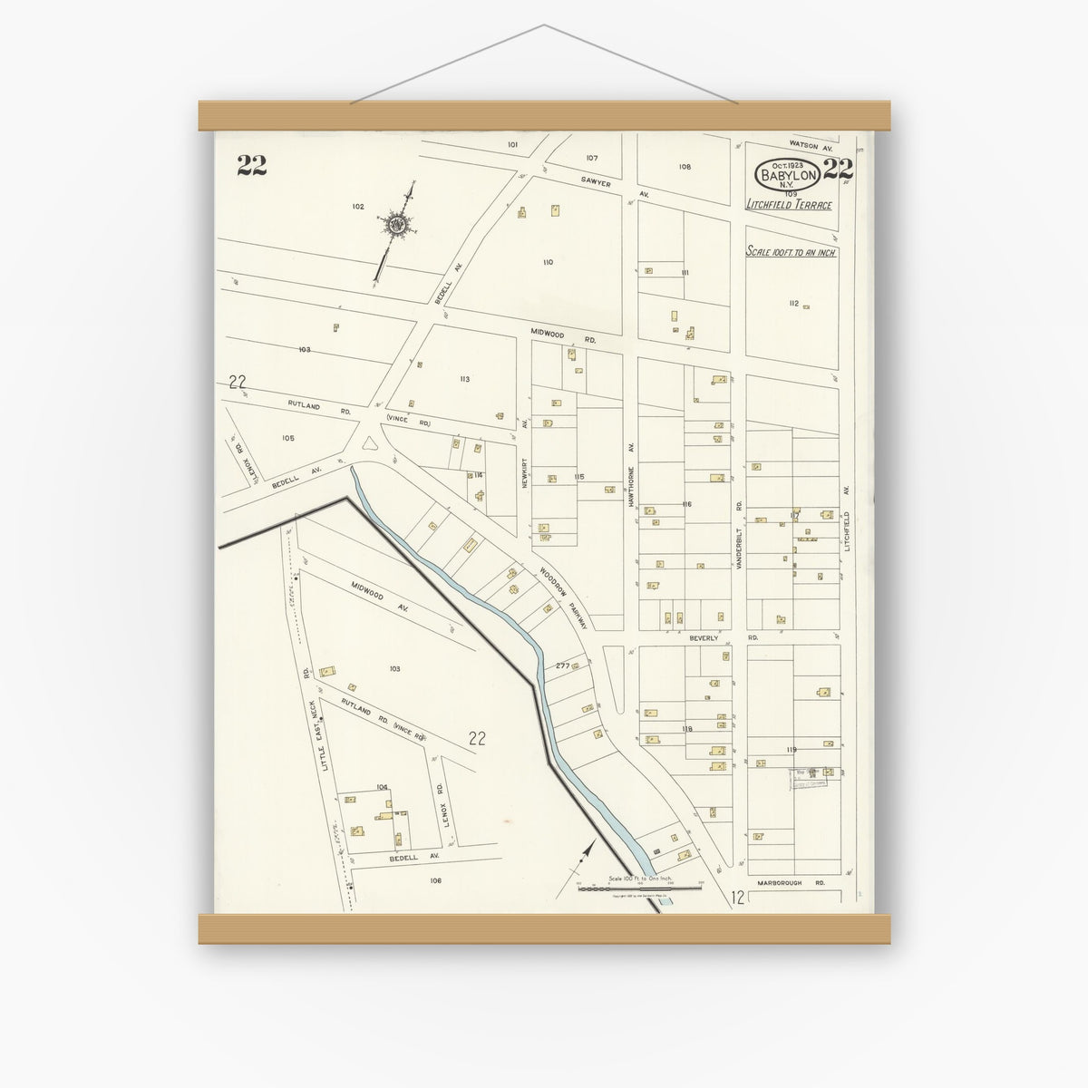 Old map wall art mockup — magnetic wood frame on white wall — Sanborn Fire Insurance Map from Babylon, Suffolk County, New York (1923), Sheet #0022