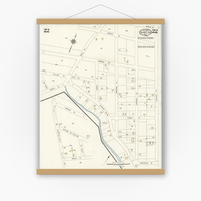 Old map wall art mockup — magnetic wood frame on white wall — Sanborn Fire Insurance Map from Babylon, Suffolk County, New York (1923), Sheet #0022