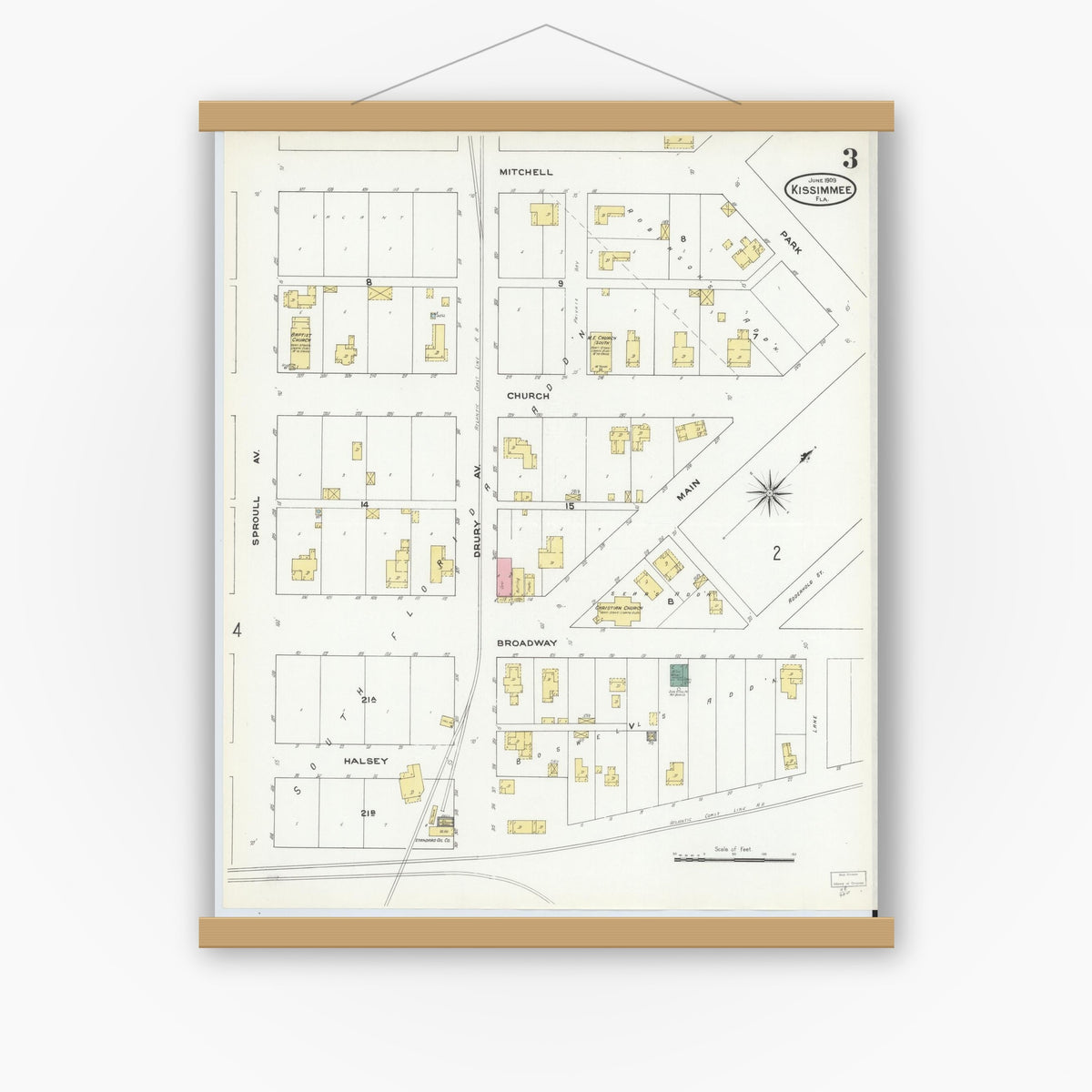 Old map wall art mockup — magnetic wood frame on white wall — Sanborn Fire Insurance Map from Kissimmee, Osceola County, Florida (1909), Sheet #0003