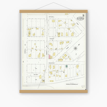 Old map wall art mockup — magnetic wood frame on white wall — Sanborn Fire Insurance Map from Kissimmee, Osceola County, Florida (1909), Sheet #0003
