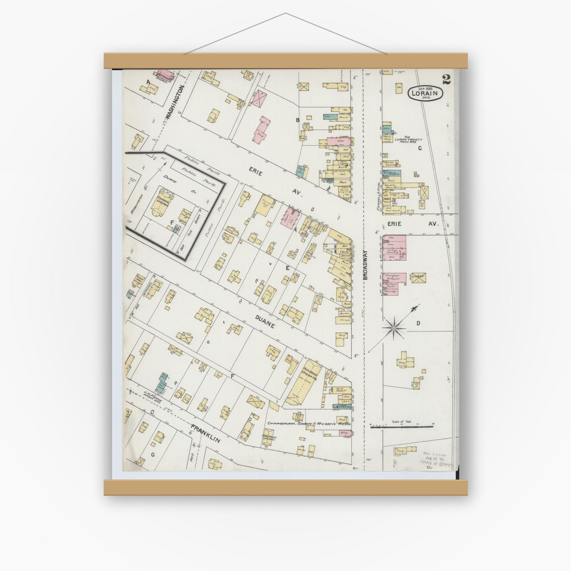 Old map wall art mockup — magnetic wood frame on white wall — Sanborn Fire Insurance Map from Lorain, Lorain County, Ohio (1888), Sheet #0002