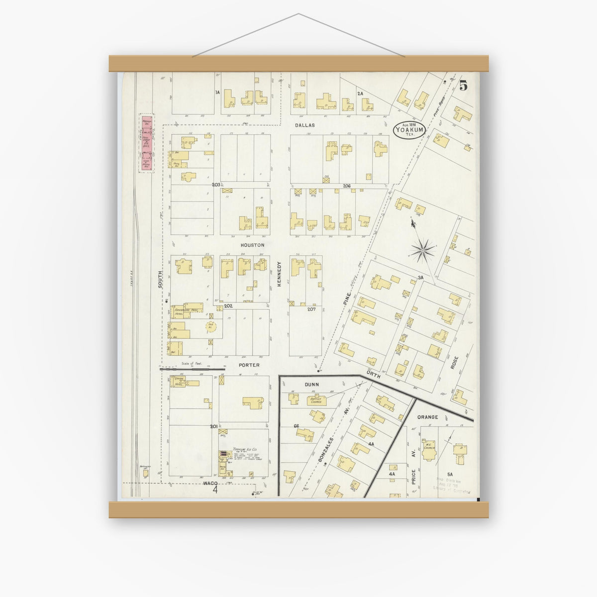 Old map wall art mockup — magnetic wood frame on white wall — Sanborn Fire Insurance Map from Yoakum, De Witt And Lavaca Counties, Texas (1898), Sheet #0005