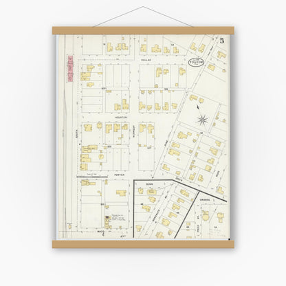 Old map wall art mockup — magnetic wood frame on white wall — Sanborn Fire Insurance Map from Yoakum, De Witt And Lavaca Counties, Texas (1898), Sheet #0005