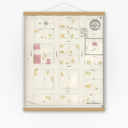 Old map wall art mockup — magnetic wood frame on white wall — Sanborn Fire Insurance Map from Queen City, Cass County, Texas (1923), Sheet #0001