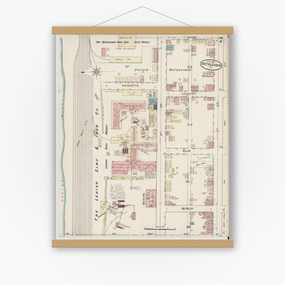 Old map wall art mockup — magnetic wood frame on white wall — Sanborn Fire Insurance Map from Bethlehem, Northampton And Lehigh Counties, Pennsylvania (1885), Sheet #0007