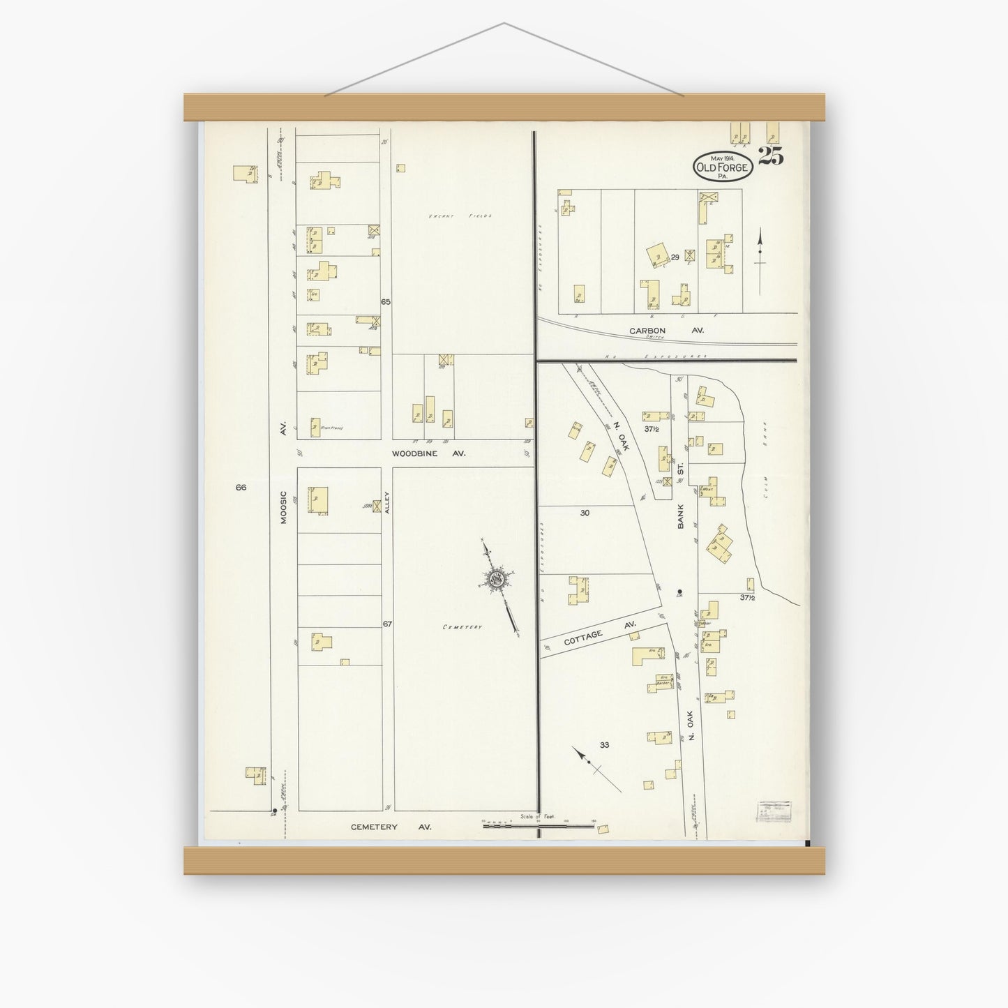 Old map wall art mockup — magnetic wood frame on white wall — Sanborn Fire Insurance Map from Old Forge, Lackawanna County, Pennsylvania (1914), Sheet #0025