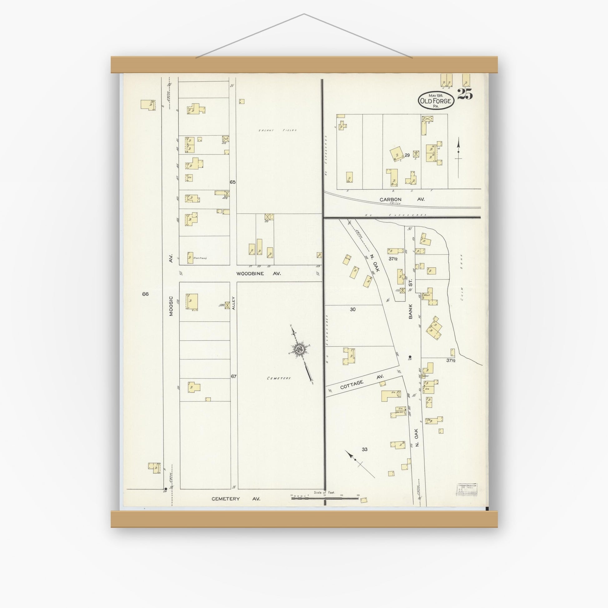 Old map wall art mockup — magnetic wood frame on white wall — Sanborn Fire Insurance Map from Old Forge, Lackawanna County, Pennsylvania (1914), Sheet #0025