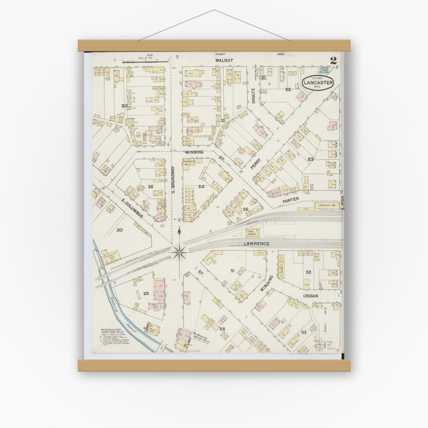 Old map wall art mockup — magnetic wood frame on white wall — Sanborn Fire Insurance Map from Lancaster, Fairfield County, Ohio (1889), Sheet #0002
