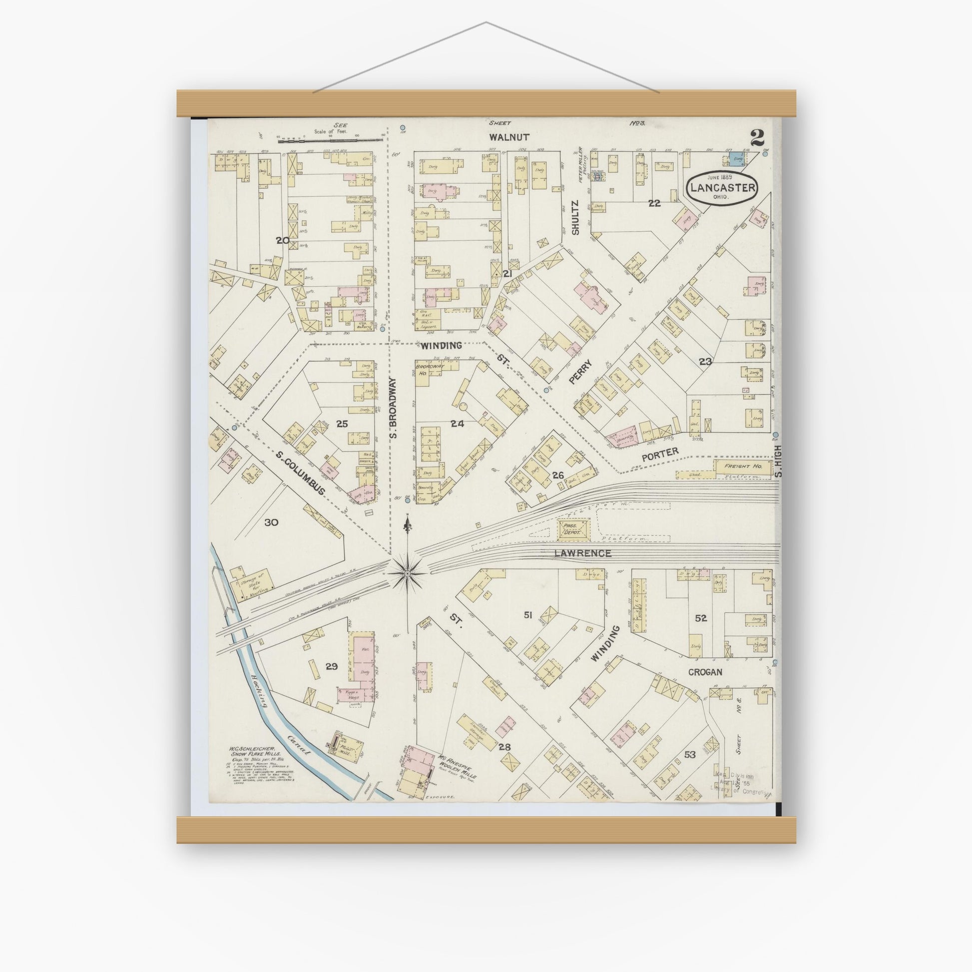 Old map wall art mockup — magnetic wood frame on white wall — Sanborn Fire Insurance Map from Lancaster, Fairfield County, Ohio (1889), Sheet #0002
