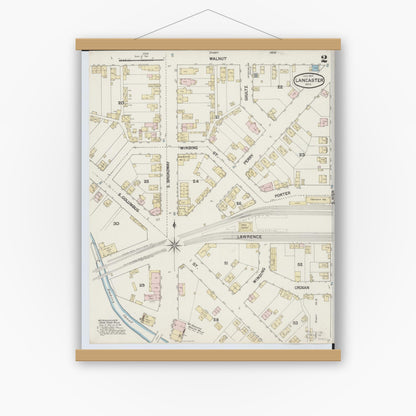 Old map wall art mockup — magnetic wood frame on white wall — Sanborn Fire Insurance Map from Lancaster, Fairfield County, Ohio (1889), Sheet #0002