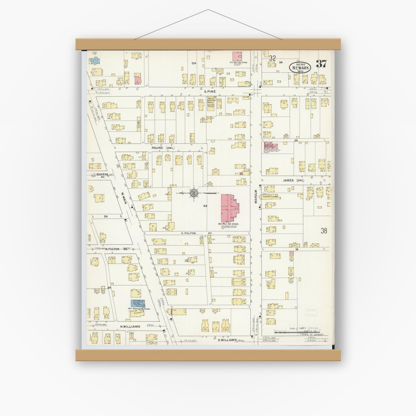 Old map wall art mockup — magnetic wood frame on white wall — Sanborn Fire Insurance Map from Newark, Licking County, Ohio (1912), Sheet #0037
