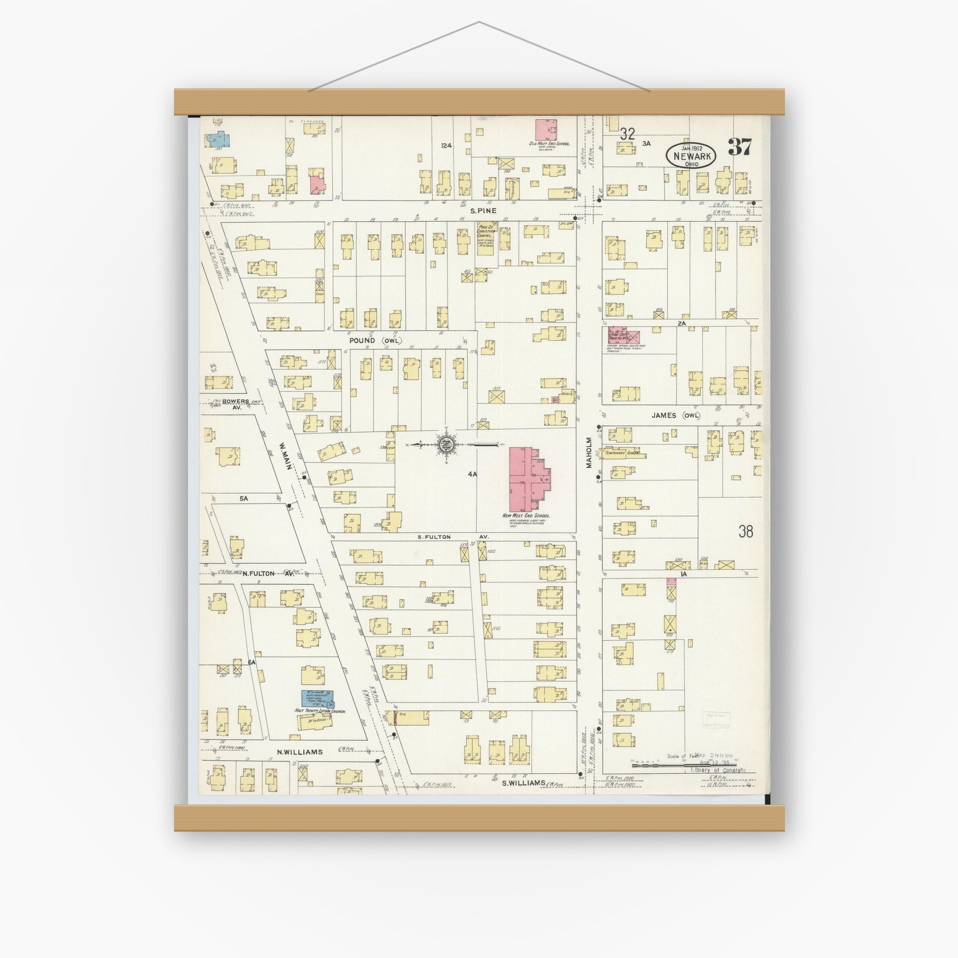Old map wall art mockup — magnetic wood frame on white wall — Sanborn Fire Insurance Map from Newark, Licking County, Ohio (1912), Sheet #0037