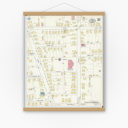 Old map wall art mockup — magnetic wood frame on white wall — Sanborn Fire Insurance Map from Newark, Licking County, Ohio (1912), Sheet #0037