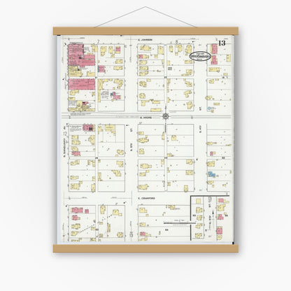 Old map wall art mockup — magnetic wood frame on white wall — Sanborn Fire Insurance Map from Upper Sandusky, Wyandot County, Ohio (1921), Sheet #0013
