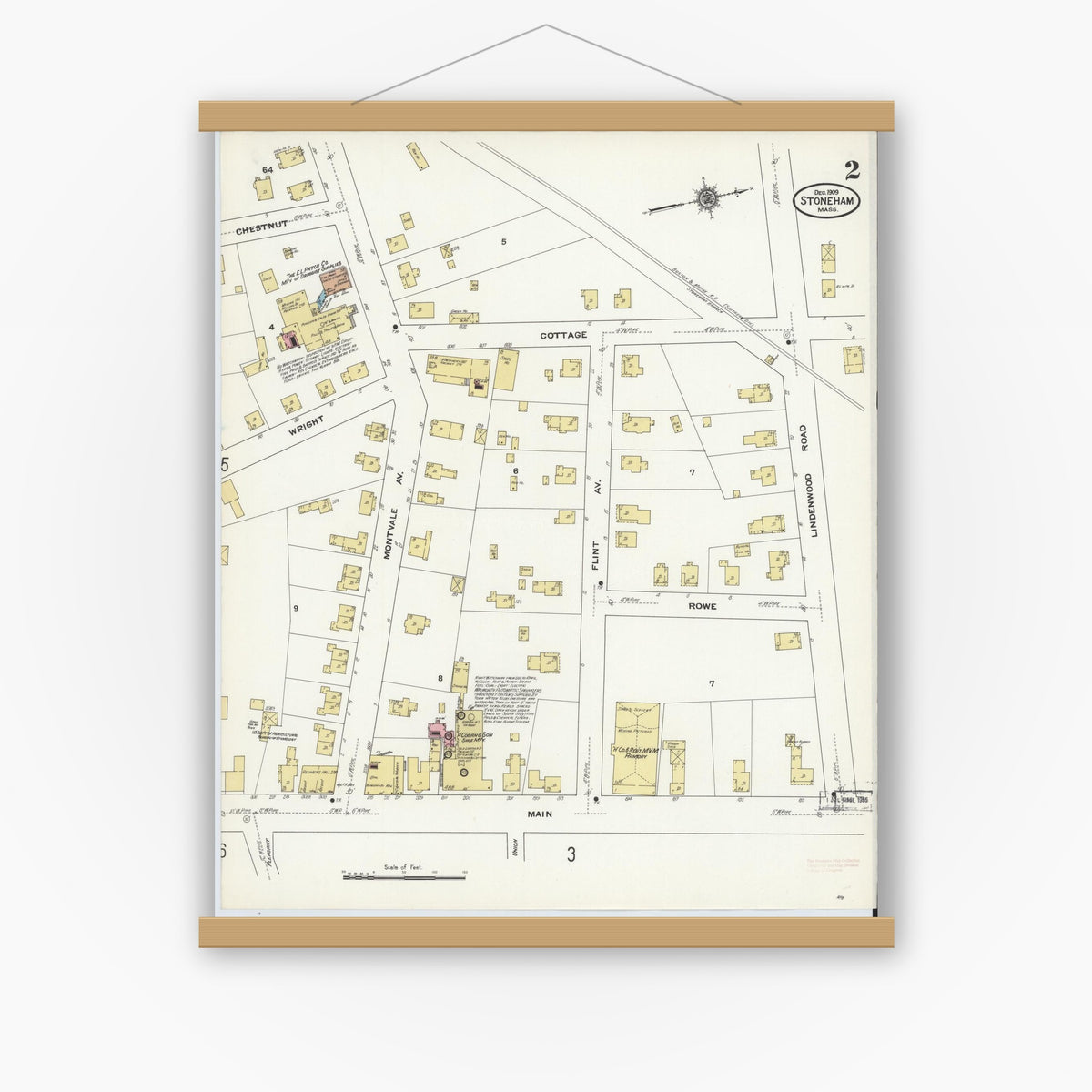 Old map wall art mockup — magnetic wood frame on white wall — Sanborn Fire Insurance Map from Stoneham, Middlesex County, Massachusetts (1909), Sheet #0002