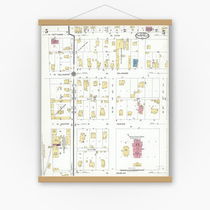 Old map wall art mockup — magnetic wood frame on white wall — Sanborn Fire Insurance Map from Fairfield, Wayne County, Illinois (1923), Sheet #0005