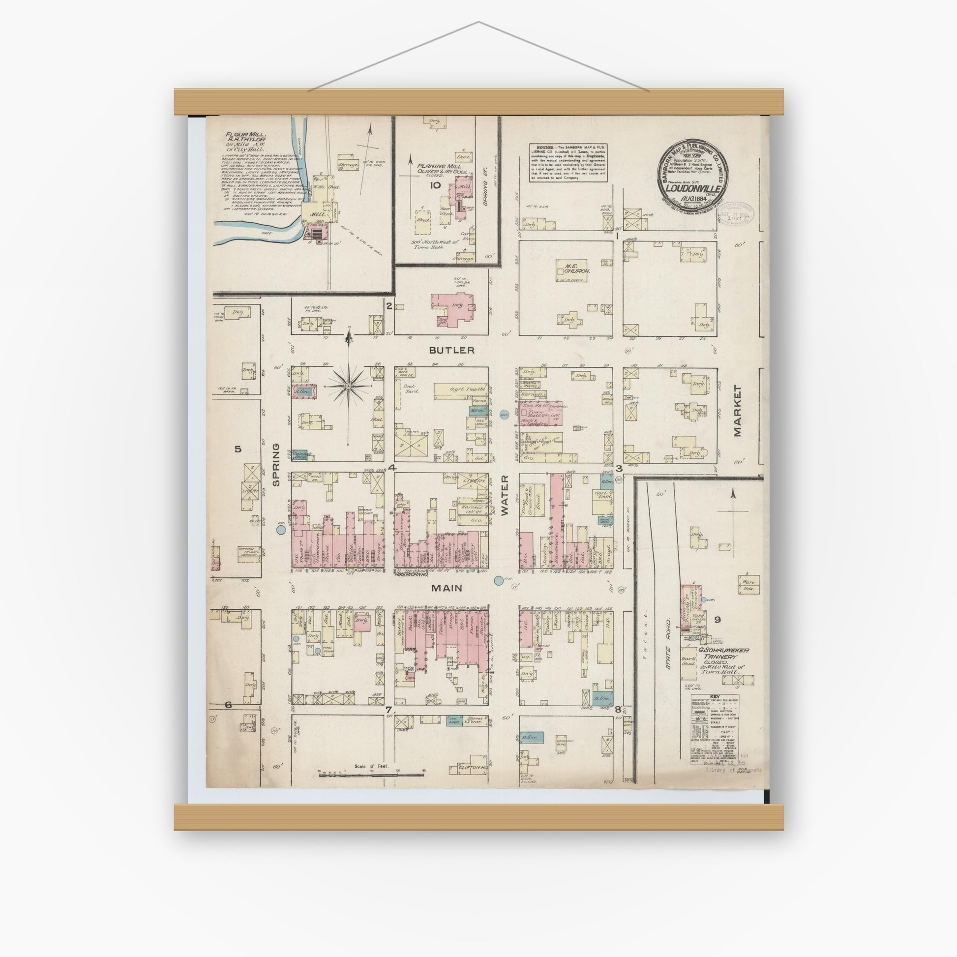 Old map wall art mockup — magnetic wood frame on white wall — Sanborn Fire Insurance Map from Loudonville, Ashland County, Ohio (1884), Sheet #0001