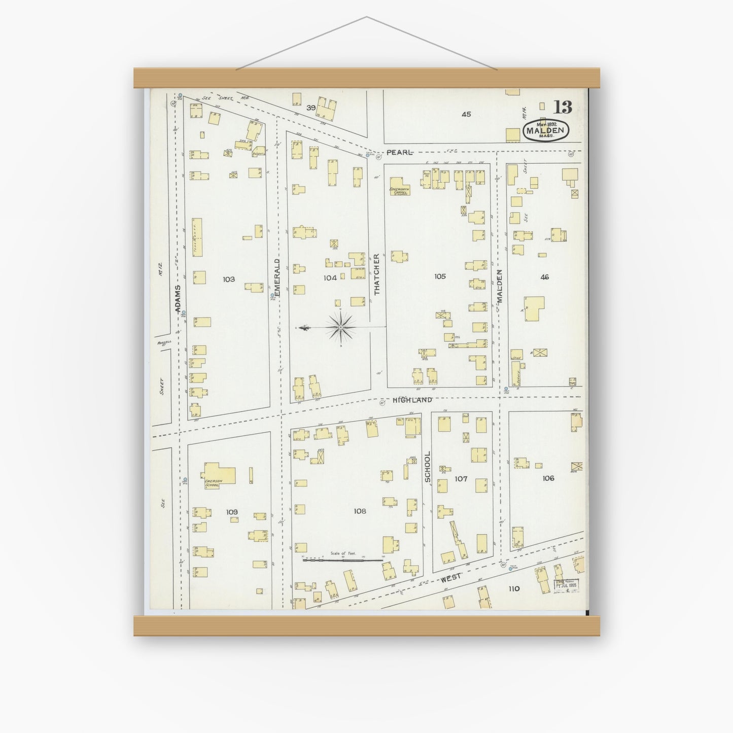 Old map wall art mockup — magnetic wood frame on white wall — Sanborn Fire Insurance Map from Malden, Middlesex County, Massachusetts (1892), Sheet #0013