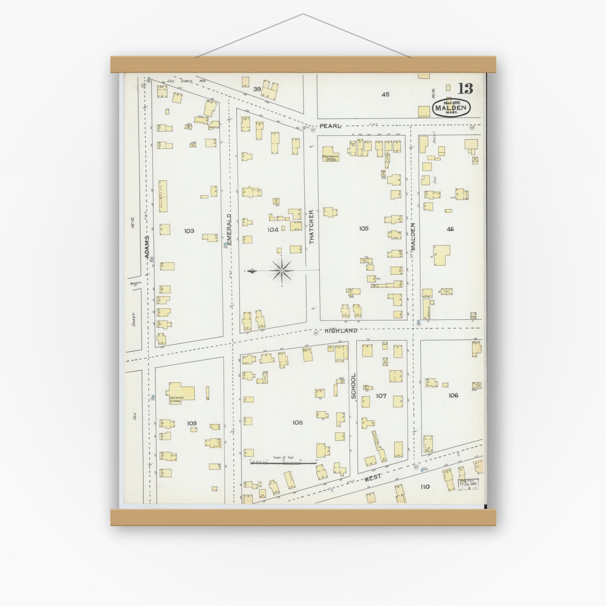Old map wall art mockup — magnetic wood frame on white wall — Sanborn Fire Insurance Map from Malden, Middlesex County, Massachusetts (1892), Sheet #0013