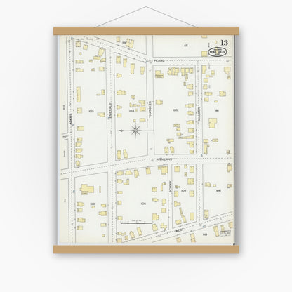 Old map wall art mockup — magnetic wood frame on white wall — Sanborn Fire Insurance Map from Malden, Middlesex County, Massachusetts (1892), Sheet #0013