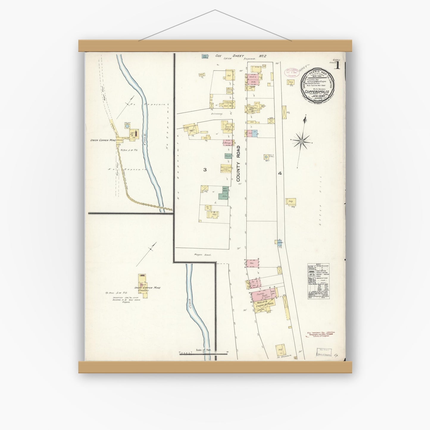 Old map wall art mockup — magnetic wood frame on white wall — Sanborn Fire Insurance Map from Copperopolis, Calaveras County, California (1890) - Complete Map Set