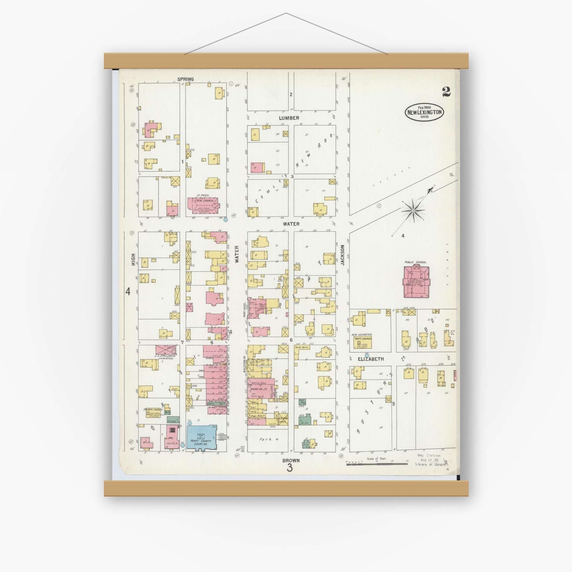 Old map wall art mockup — magnetic wood frame on white wall — Sanborn Fire Insurance Map from New Lexington, Perry County, Ohio (1900), Sheet #0002
