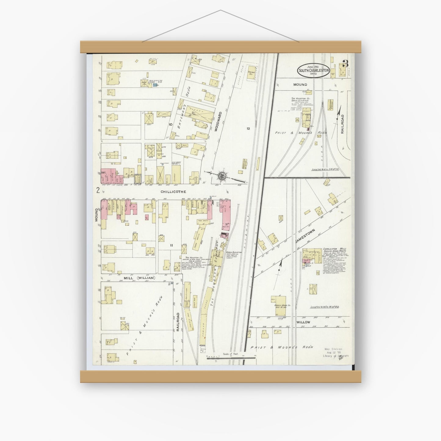 Old map wall art mockup — magnetic wood frame on white wall — Sanborn Fire Insurance Map from South Charleston, Clark County, Ohio (1910), Sheet #0003
