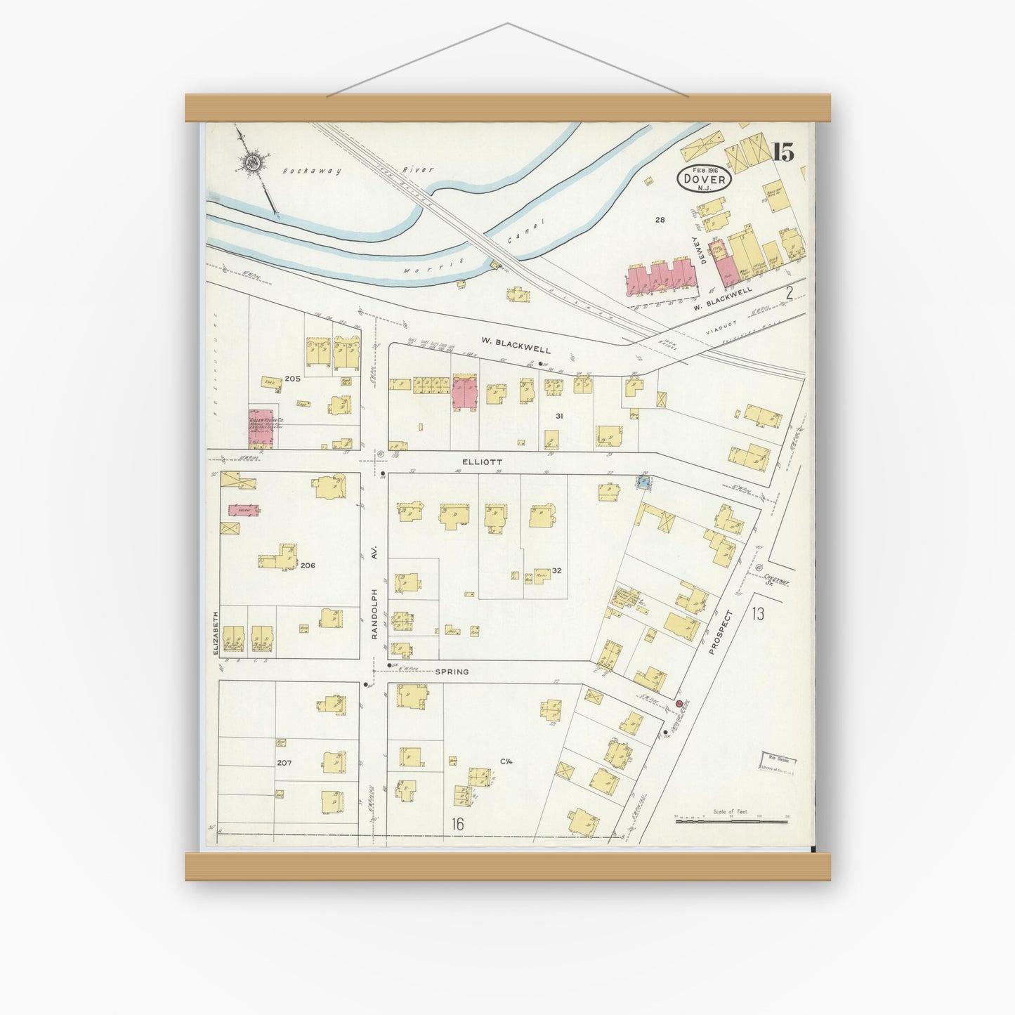 Old map wall art mockup — magnetic wood frame on white wall — Sanborn Fire Insurance Map from Dover, Morris County, New Jersey (1916), Sheet #0015