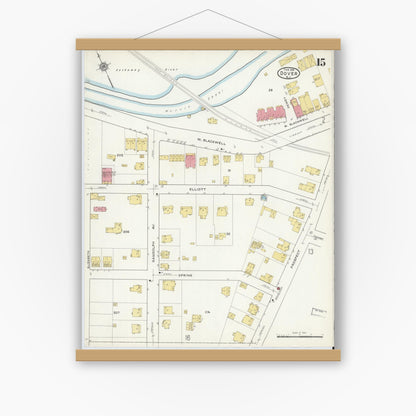 Old map wall art mockup — magnetic wood frame on white wall — Sanborn Fire Insurance Map from Dover, Morris County, New Jersey (1916), Sheet #0015