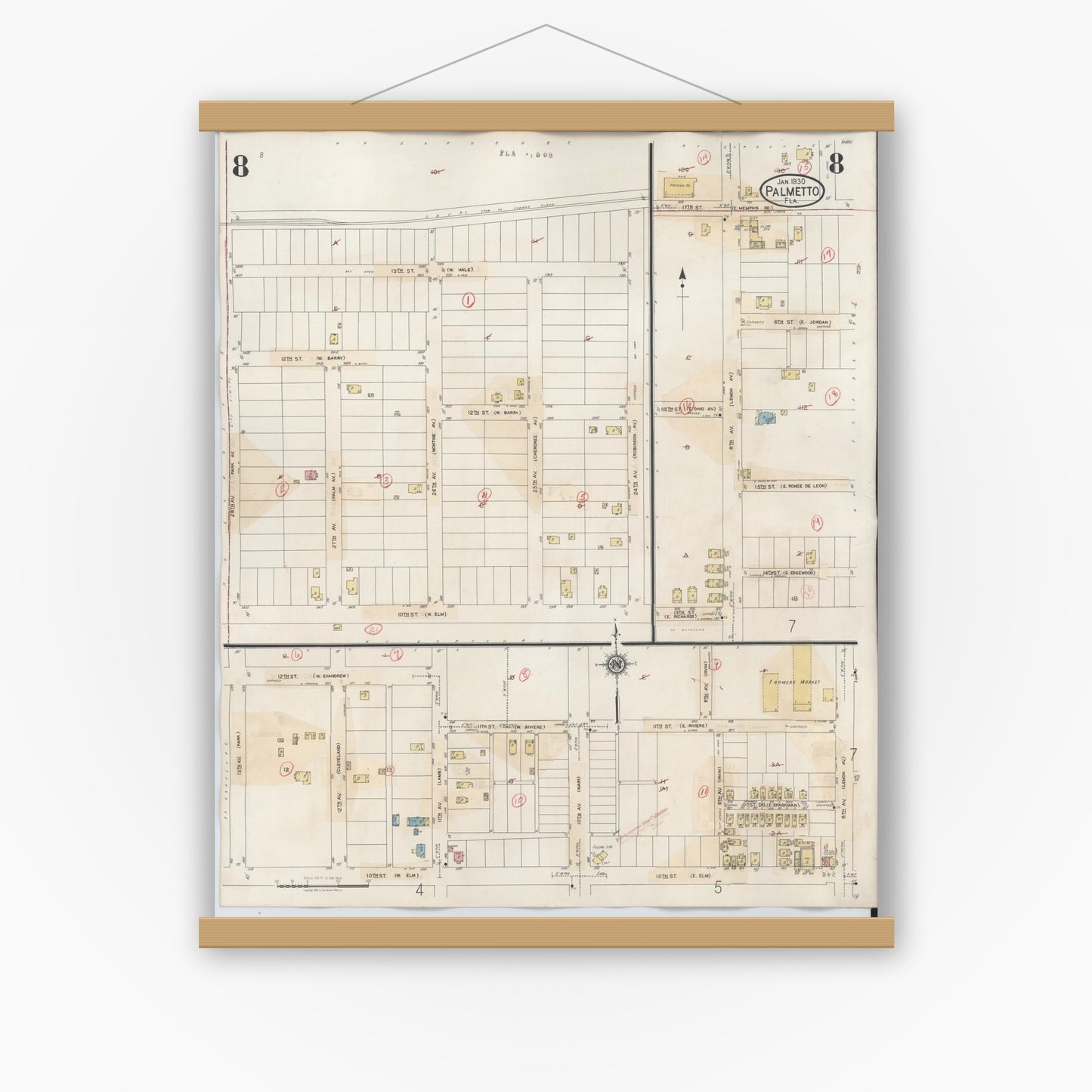 Old map wall art mockup — magnetic wood frame on white wall — Sanborn Fire Insurance Map from Palmetto, Manatee County, Florida (1944), Sheet #0008