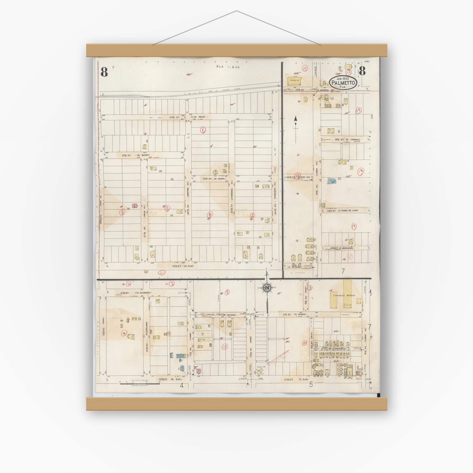 Old map wall art mockup — magnetic wood frame on white wall — Sanborn Fire Insurance Map from Palmetto, Manatee County, Florida (1944), Sheet #0008