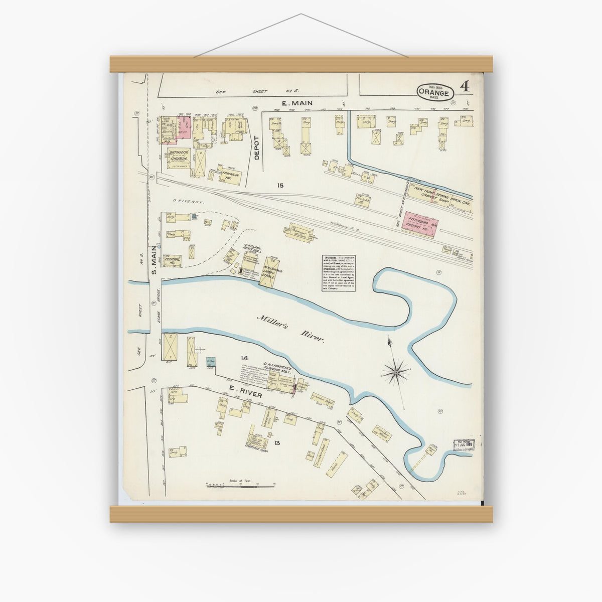 Old map wall art mockup — magnetic wood frame on white wall — Sanborn Fire Insurance Map from Orange, Franklin County, Massachusetts (1884), Sheet #0004