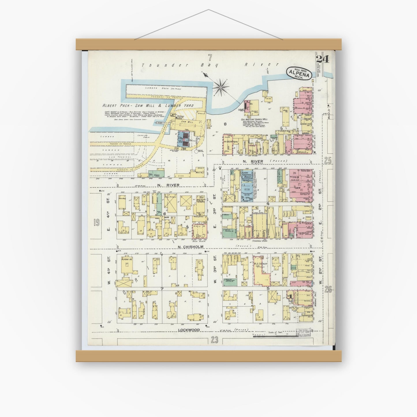 Old map wall art mockup — magnetic wood frame on white wall — Sanborn Fire Insurance Map from Alpena, Alpena County, Michigan (1895), Sheet #0024