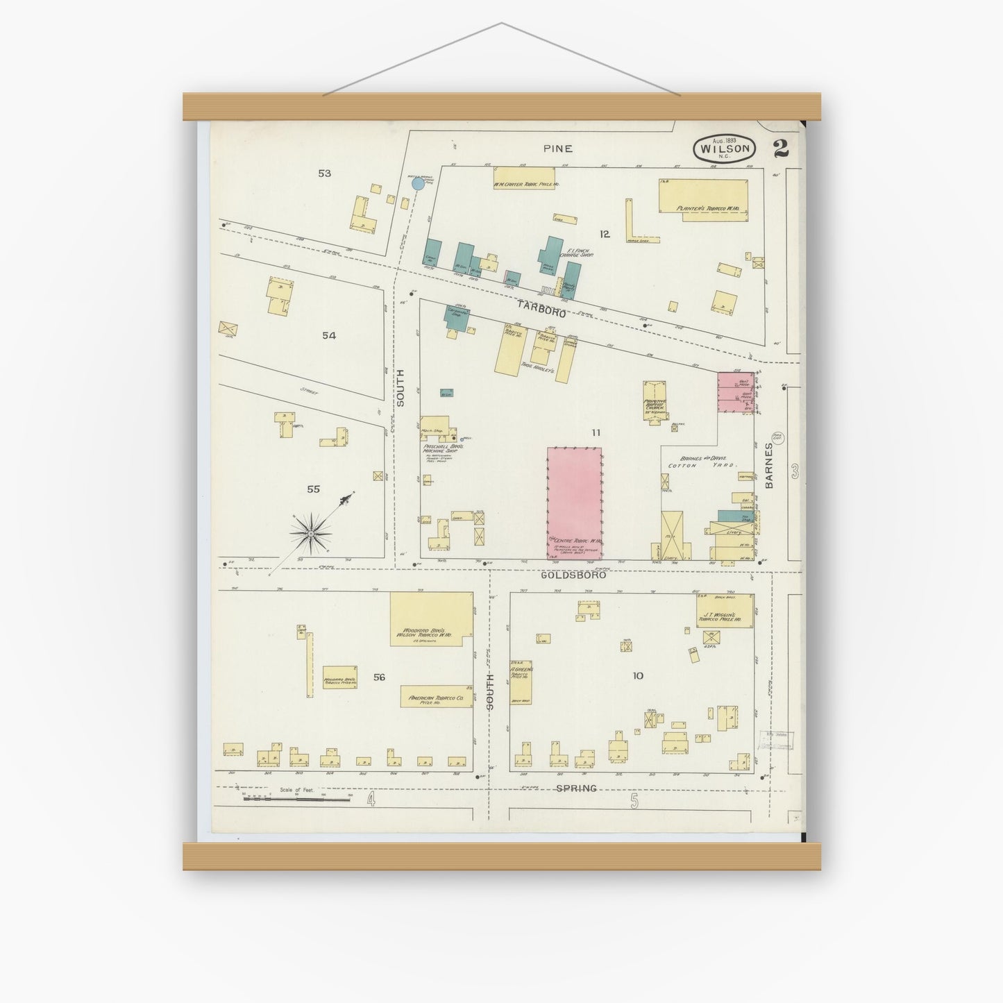 Old map wall art mockup — magnetic wood frame on white wall — Sanborn Fire Insurance Map from Wilson, Wilson County, North Carolina (1893), Sheet #0002