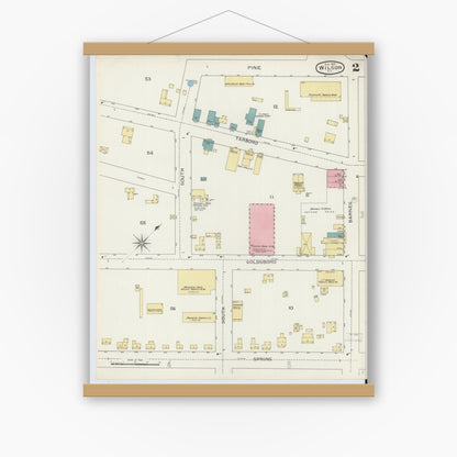 Old map wall art mockup — magnetic wood frame on white wall — Sanborn Fire Insurance Map from Wilson, Wilson County, North Carolina (1893), Sheet #0002