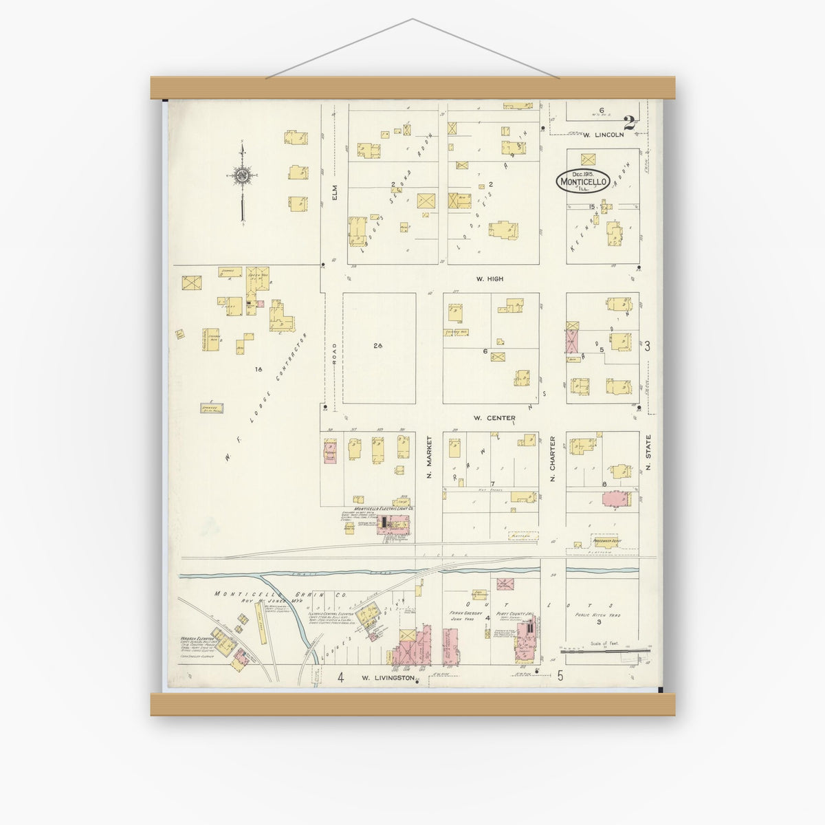 Old map wall art mockup — magnetic wood frame on white wall — Sanborn Fire Insurance Map from Monticello, Piatt County, Illinois (1915), Sheet #0002