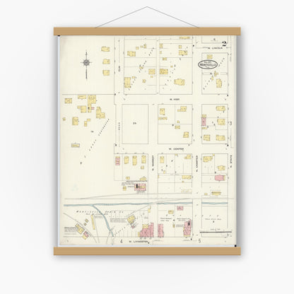 Old map wall art mockup — magnetic wood frame on white wall — Sanborn Fire Insurance Map from Monticello, Piatt County, Illinois (1915), Sheet #0002