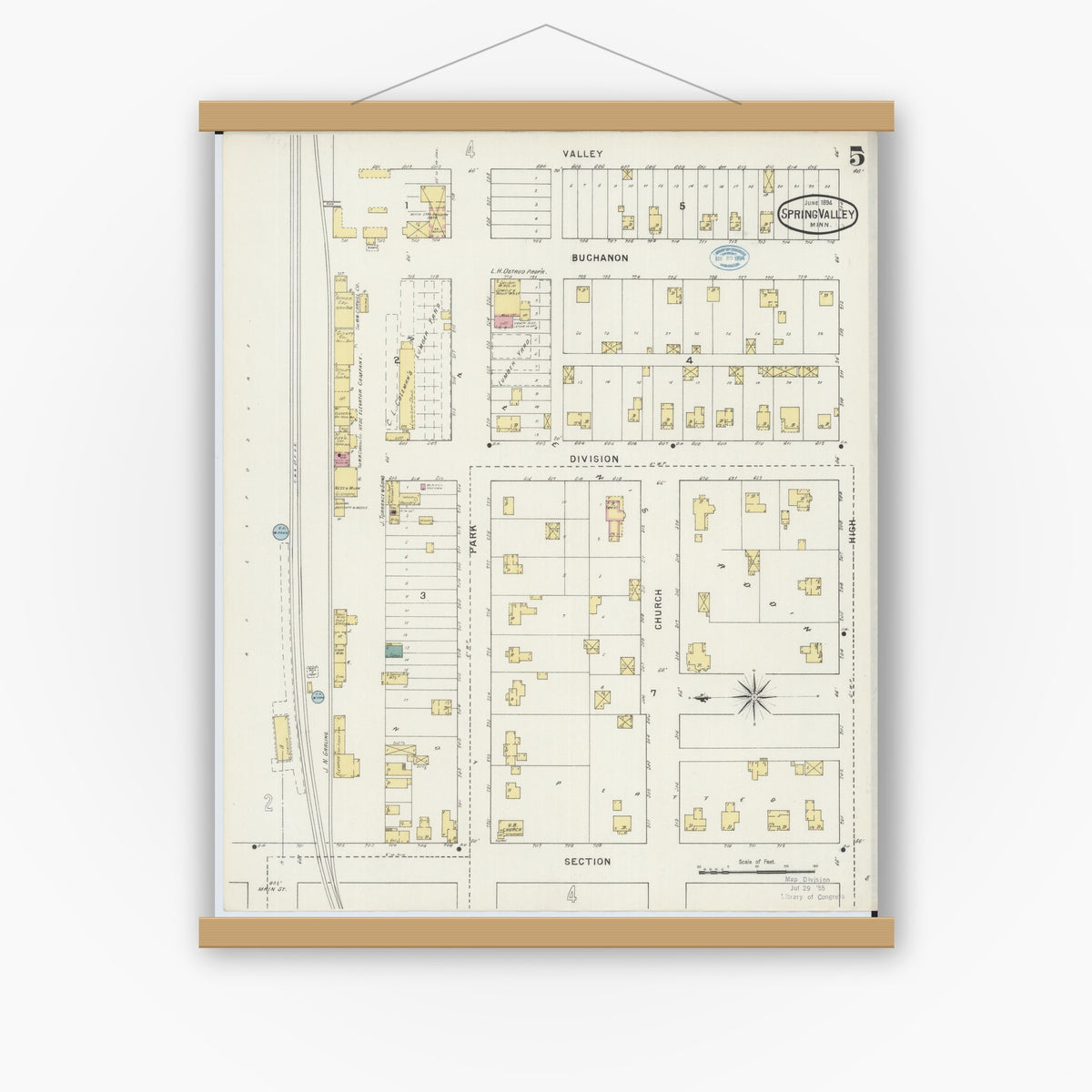 Old map wall art mockup — magnetic wood frame on white wall — Sanborn Fire Insurance Map from Spring Valley, Fillmore County, Minnesota (1894), Sheet #0005