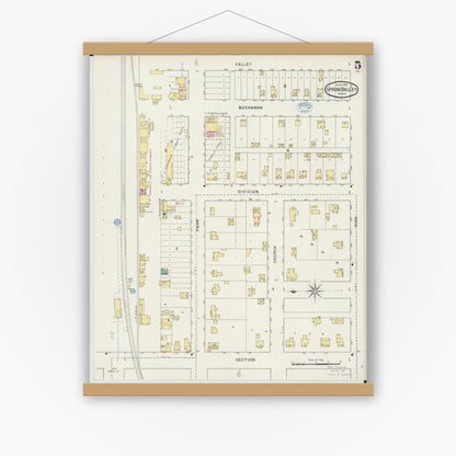 Old map wall art mockup — magnetic wood frame on white wall — Sanborn Fire Insurance Map from Spring Valley, Fillmore County, Minnesota (1894), Sheet #0005