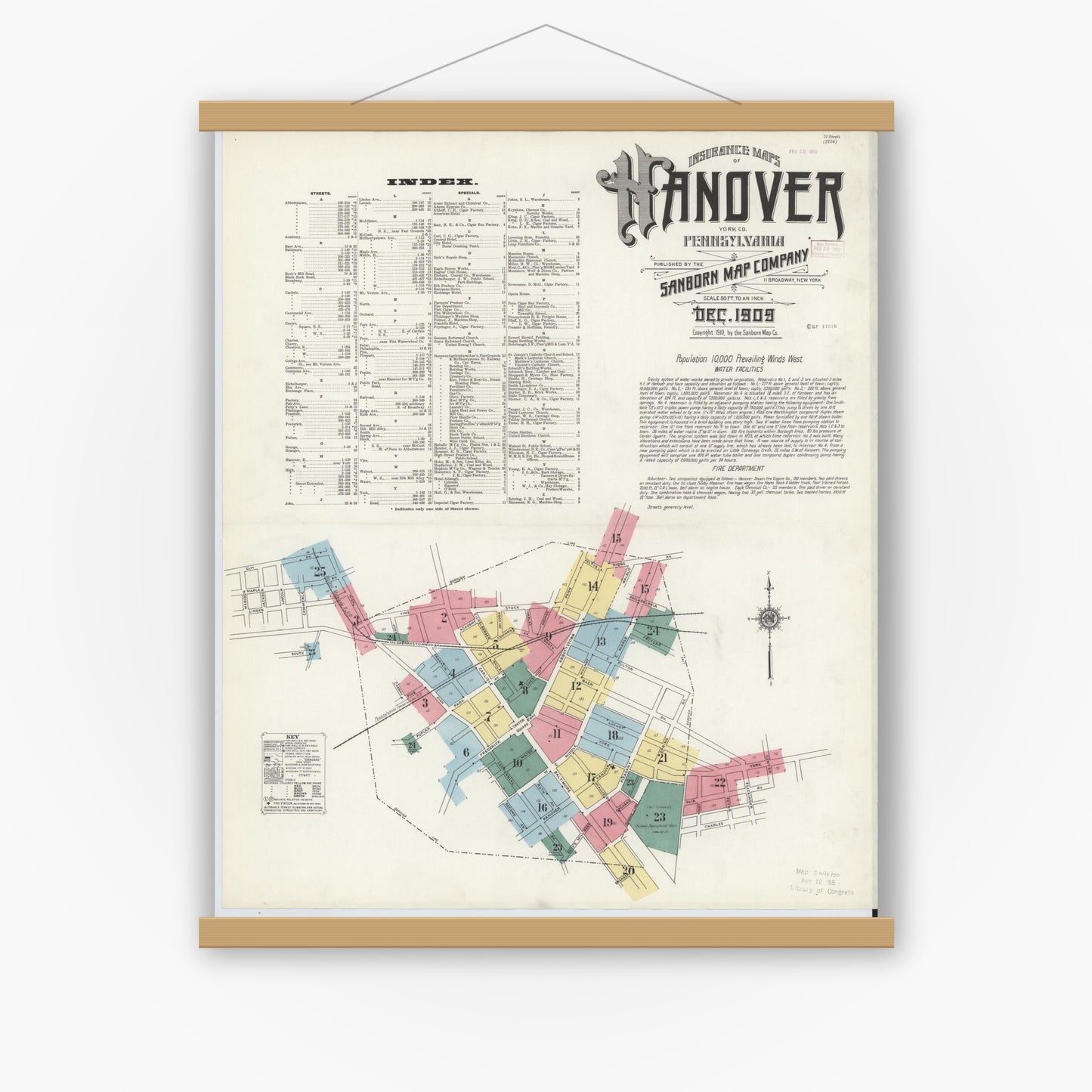 Old map wall art mockup — magnetic wood frame on white wall — Sanborn Fire Insurance Map from Hanover, York County, Pennsylvania (1909) - Complete Map Set