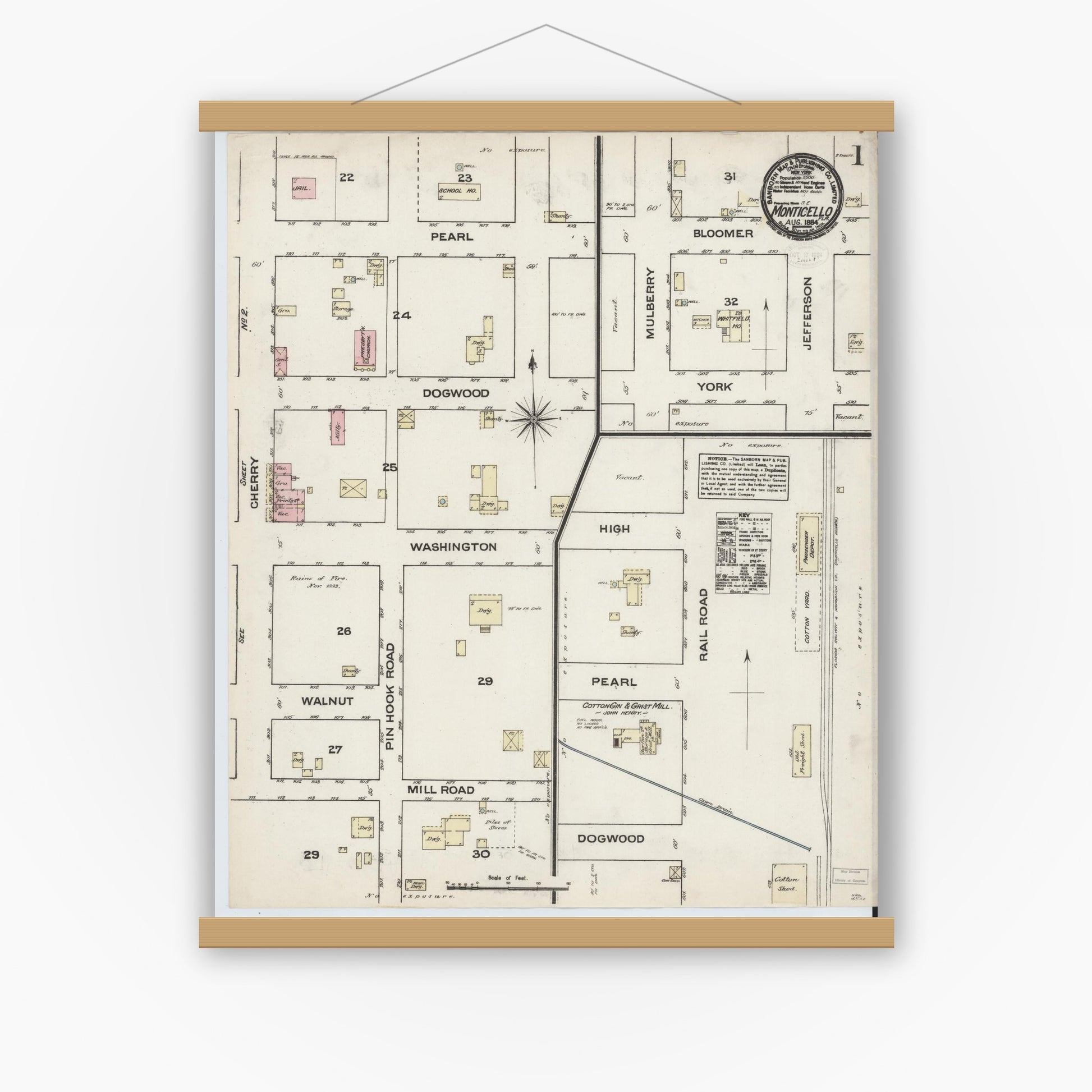 Old map wall art mockup — magnetic wood frame on white wall — Sanborn Fire Insurance Map from Monticello, Jefferson County, Florida (1884) - Complete Map Set