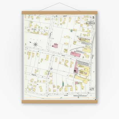 Old map wall art mockup — magnetic wood frame on white wall — Sanborn Fire Insurance Map from North Brookfield, Worcester County, Massachusetts (1901), Sheet #0005