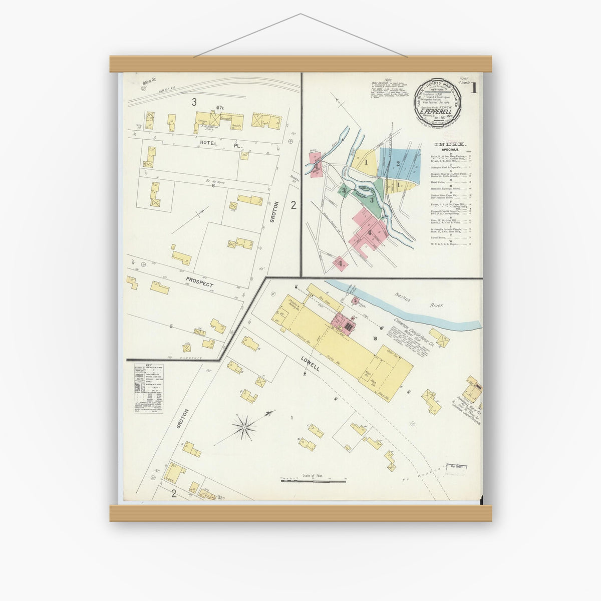 Old map wall art mockup — magnetic wood frame on white wall — Sanborn Fire Insurance Map from East Pepperell, Middlesex County, Massachusetts (1897) - Complete Map Set