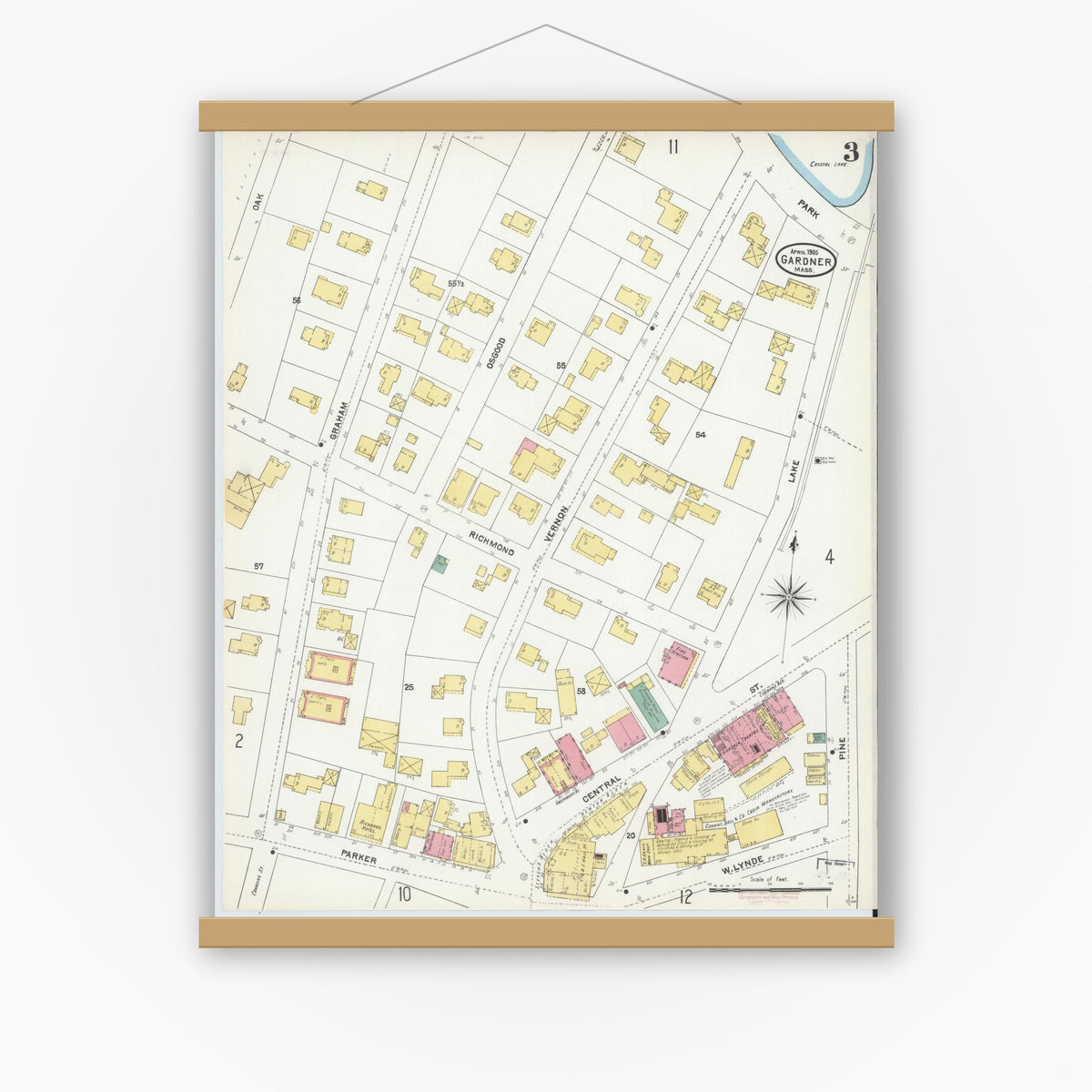 Old map wall art mockup — magnetic wood frame on white wall — Sanborn Fire Insurance Map from Gardner, Worcester County, Massachusetts (1905), Sheet #0003