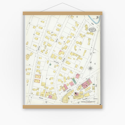 Old map wall art mockup — magnetic wood frame on white wall — Sanborn Fire Insurance Map from Gardner, Worcester County, Massachusetts (1905), Sheet #0003
